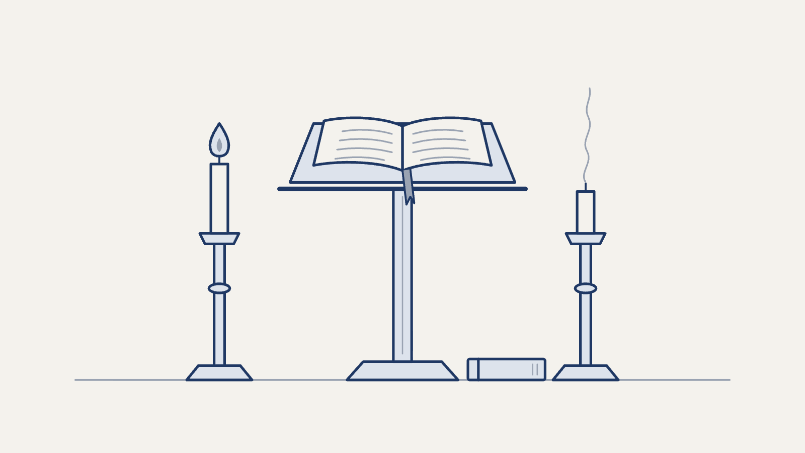Lutrin portant un livre ouvert, entre une bougie allumée et une bougie qui vient de s’éteindre ; un code fermé repose au sol